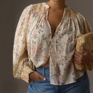 By Anthropologie Long-Sleeve Smocked Lurex Top